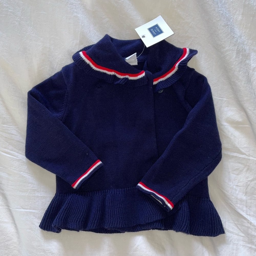 NWT! ✨ Janie and Jack toddler girl ruffle sweater, navy blue, white/red stripe